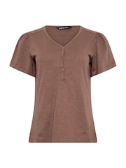 Brown - M&Co Placket Short Sleeve Cotton Top - Larawan 5 ng 6