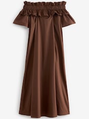 Chocolate Brown Bardot Frill Midi Poplin Dress - Image 4 of 4