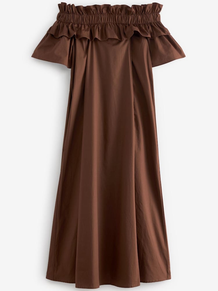 Schokoladenbraun - Popeline-Midikleid mit Carmenausschnitt und Rüschen - Bild 4 von 4 Schokoladenbraun - Popeline-Midikleid mit Carmenausschnitt und Rüschen - Bild 4 von 4