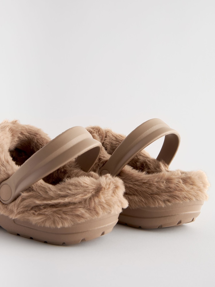 Buy Mink Brown Womens Faux Fur Lined Clogs Slippers from the Next - Main Image