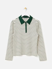 Oliver Bonas Green Striped Pointelle Long Sleeve Polo Neck Top - Image 1 of 6