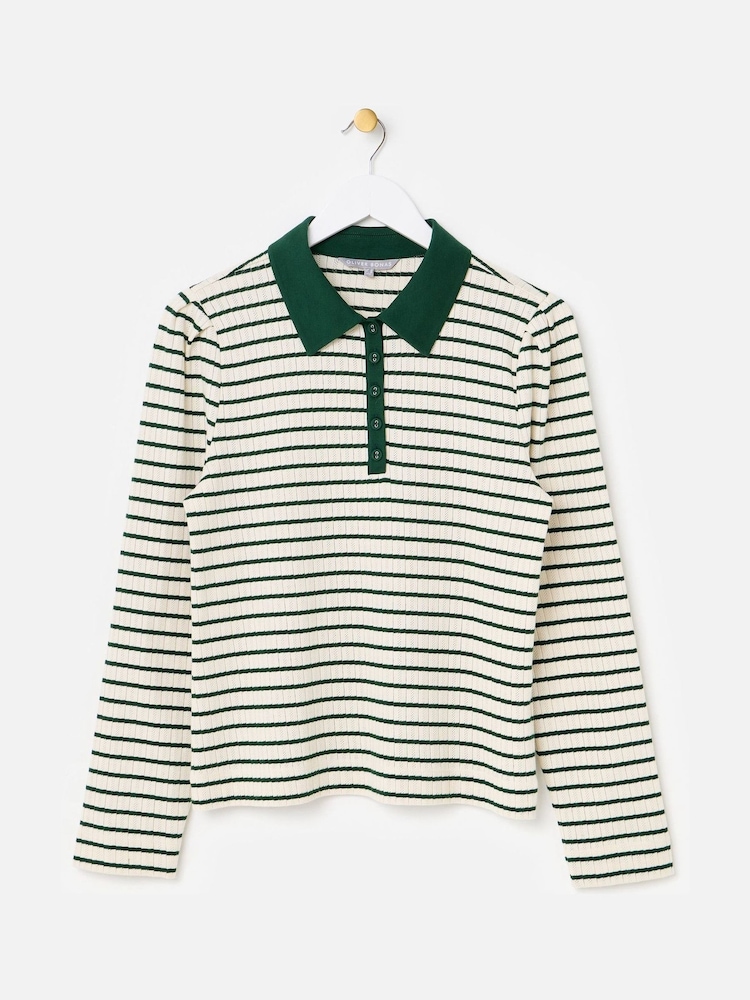 Oliver Bonas Green Striped Pointelle Long Sleeve Polo Neck Top - Image 1 of 6 Oliver Bonas Green Striped Pointelle Long Sleeve Polo Neck Top - Image 1 of 6
