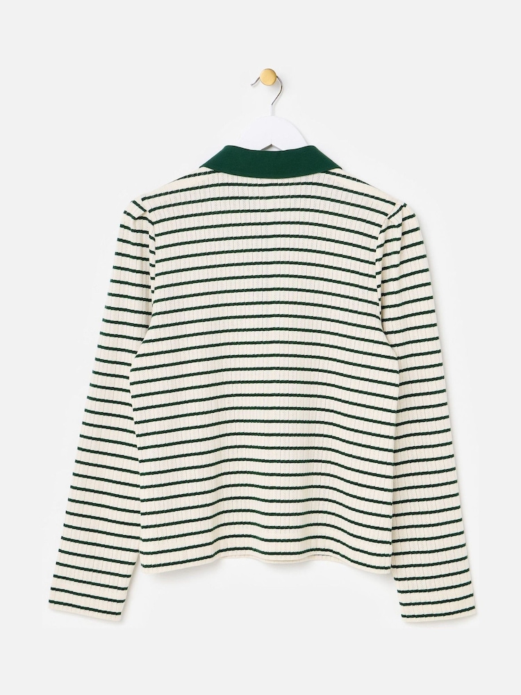 Oliver Bonas Green Striped Pointelle Long Sleeve Polo Neck Top - Image 2 of 6 Oliver Bonas Green Striped Pointelle Long Sleeve Polo Neck Top - Image 2 of 6