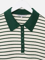 Oliver Bonas Green Striped Pointelle Long Sleeve Polo Neck Top - Image 3 of 6