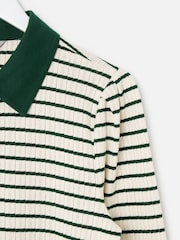 Oliver Bonas Green Striped Pointelle Long Sleeve Polo Neck Top - Image 4 of 6