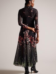 Ted Baker Black Printed Susenaa Mesh Dress With Ruffle Neck - Image 2 of 5