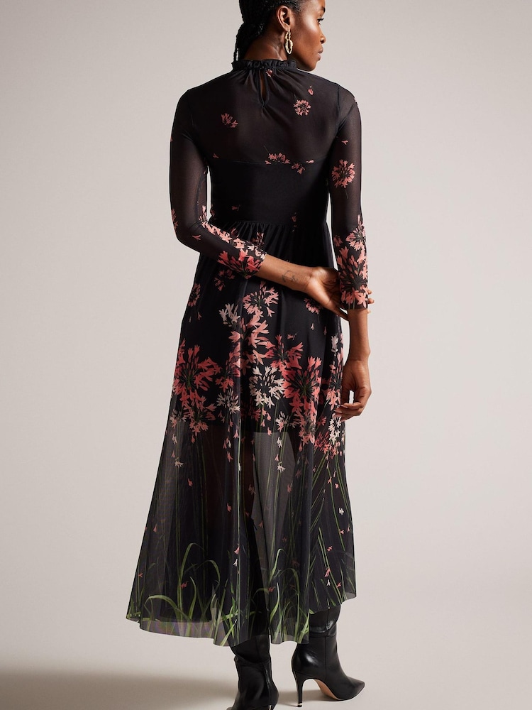 Ted Baker Black Printed Susenaa Mesh Dress With Ruffle Neck - Image 2 of 5