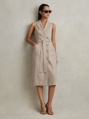 Reiss Neutral Andie Wool Blend Striped Double Breasted Midi Dress - Image 1 of 5