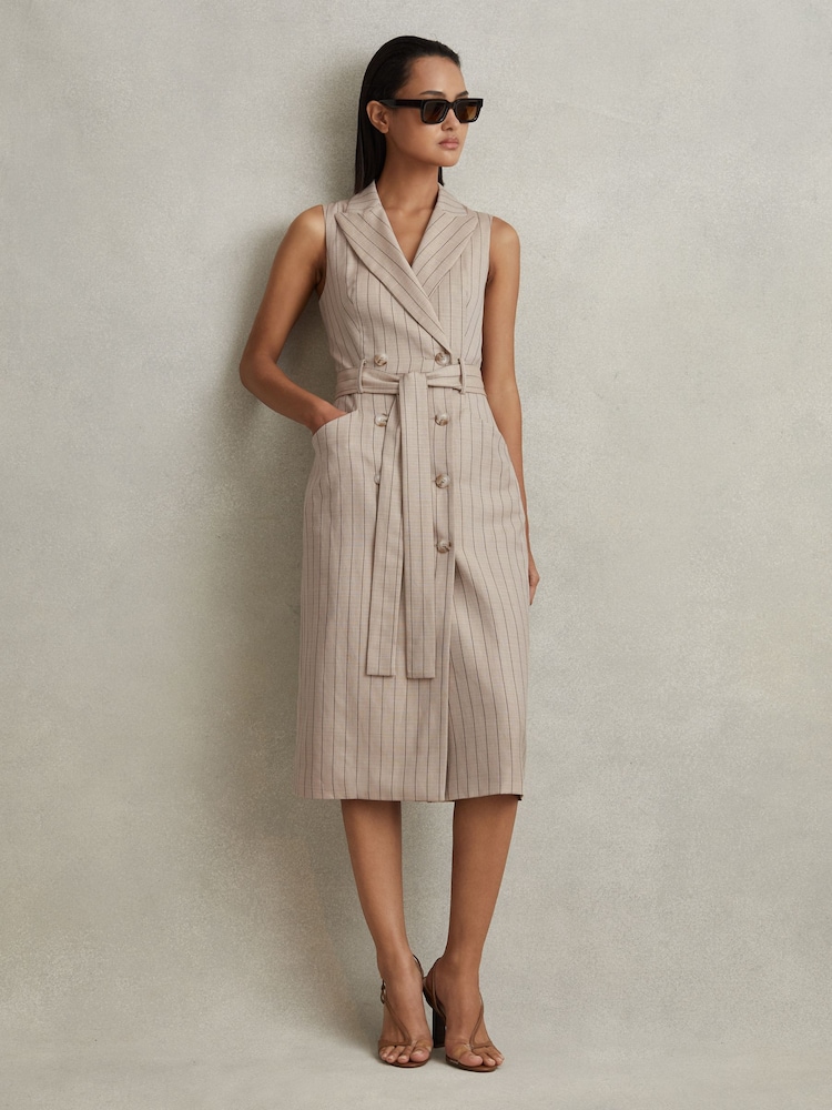 Reiss Neutral Andie Wool Blend Striped Double Breasted Midi Dress - Image 1 of 5