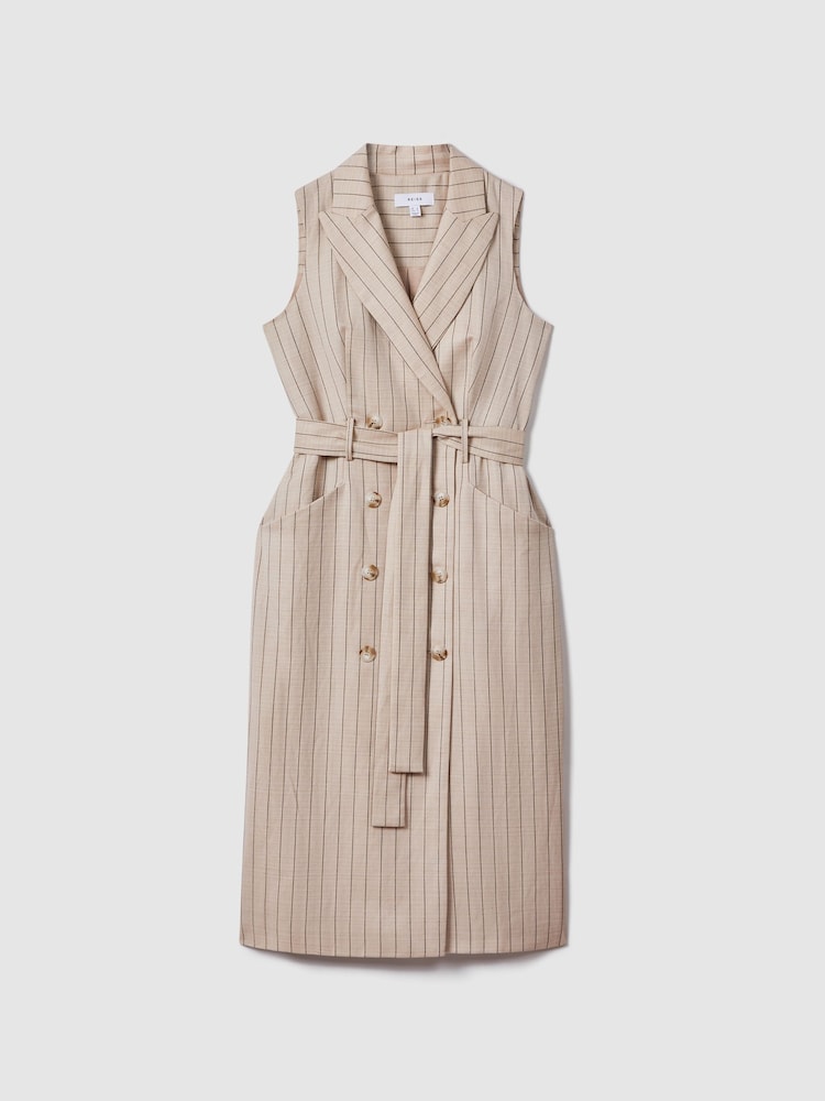 Reiss Neutral Andie Wool Blend Striped Double Breasted Midi Dress - Image 2 of 5