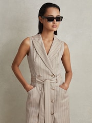Reiss Neutral Andie Wool Blend Striped Double Breasted Midi Dress - Image 3 of 5