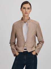 Reiss Neutral Lola Leather Zip-Front Jacket - Image 1 of 7