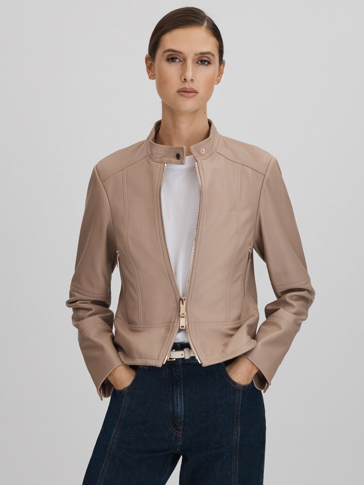 Reiss Neutral Lola Leather Zip-Front Jacket - Image 1 of 7