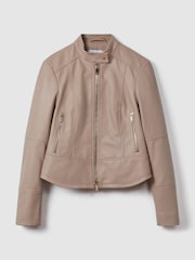 Reiss Neutral Lola Leather Zip-Front Jacket - Image 2 of 7