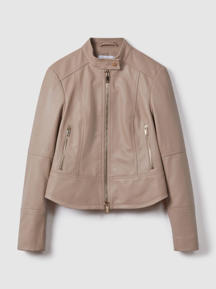 Reiss Neutral Lola Leather Zip-Front Jacket - Image 2 of 7