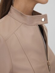 Reiss Neutral Lola Leather Zip-Front Jacket - Image 4 of 7