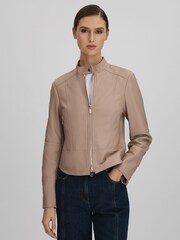 Reiss Neutral Lola Leather Zip-Front Jacket - Image 6 of 7