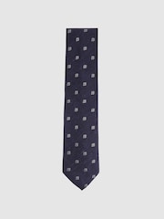 Reiss Navy Francesco Silk Blend Textured Floral Print Tie - Image 1 of 4