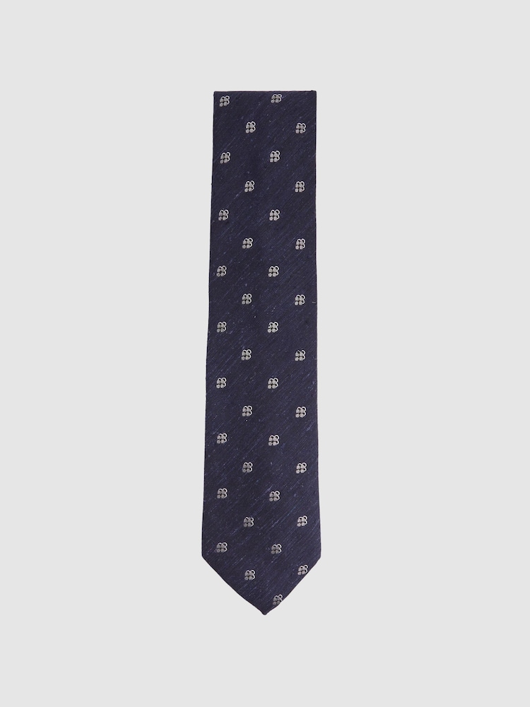 Reiss Navy Francesco Silk Blend Textured Floral Print Tie - Image 1 of 4