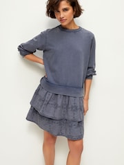Indigo Blue Pretty Ruffle Tiered Sweatshirt Overlay Smock Dress - Image 1 of 7
