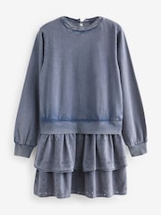Indigo Blue Pretty Ruffle Tiered Sweatshirt Overlay Smock Dress - Image 6 of 7