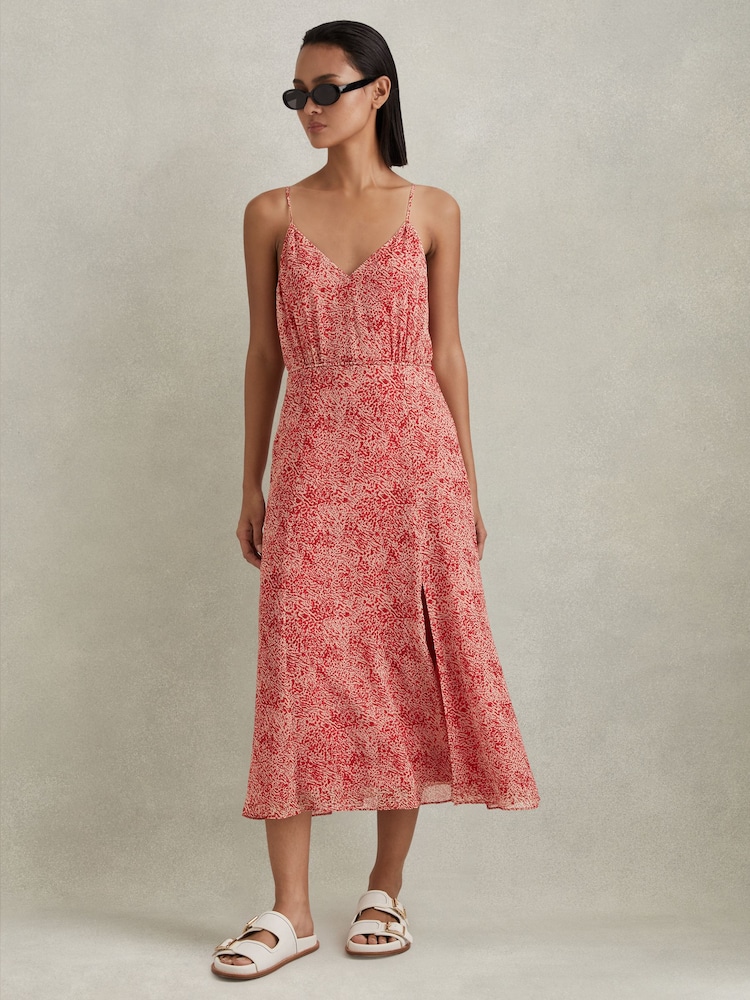Reiss Red Olivia Petite Printed Belted Midi Dress - Image 1 of 8