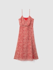 Reiss Red Olivia Petite Printed Belted Midi Dress - Image 2 of 8