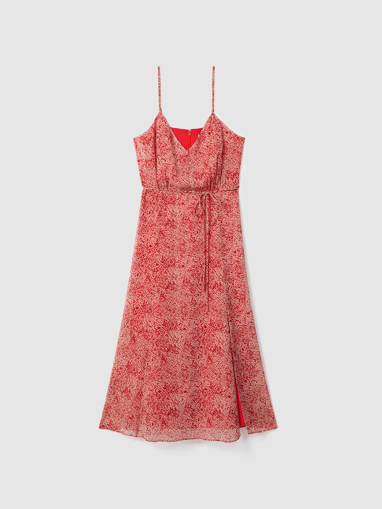 Reiss Red Olivia Petite Printed Belted Midi Dress - Image 2 of 8