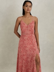 Reiss Red Olivia Petite Printed Belted Midi Dress - Image 3 of 8