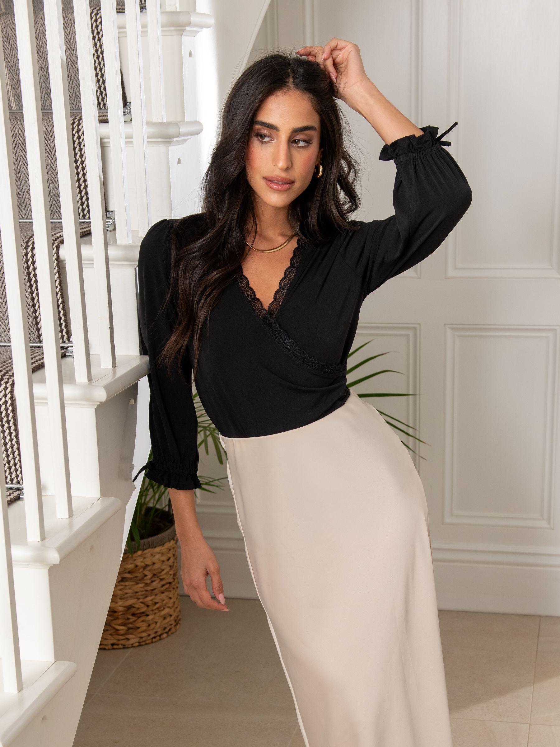 Pour Moi Black Anya Lace Detail Recycled Slinky Jersey Top - Image 1 of 5