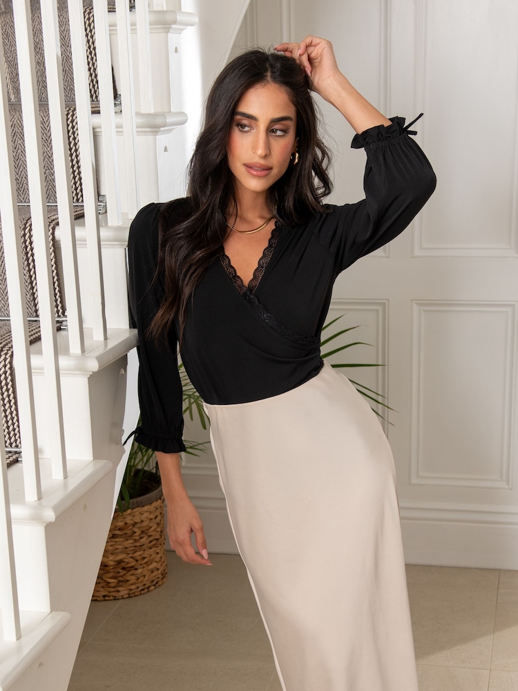 Pour Moi Black Anya Lace Detail Recycled Slinky Jersey Top - Image 1 of 5