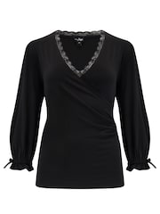 Pour Moi Black Anya Lace Detail Recycled Slinky Jersey Top - Image 4 of 5