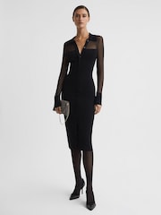 Reiss Black Nala Sheer Knitted Button-Through Midi Dress - Image 1 of 5