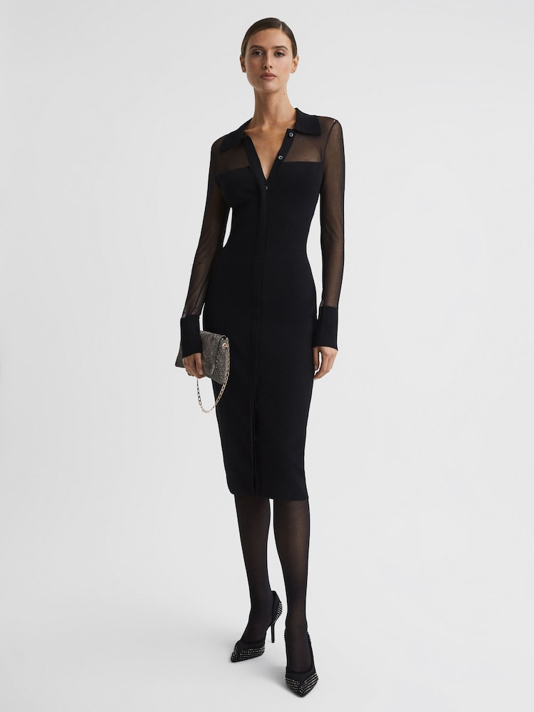 Reiss Black Nala Sheer Knitted Button-Through Midi Dress - Image 1 of 5