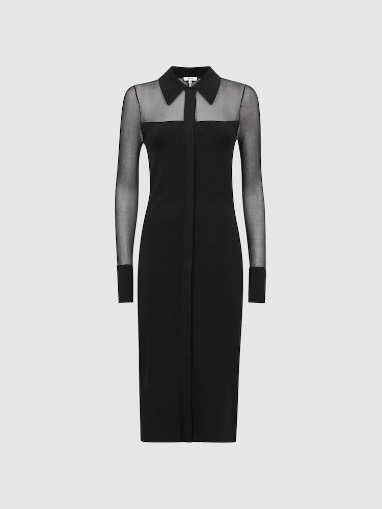Reiss Black Nala Sheer Knitted Button-Through Midi Dress - Image 2 of 5