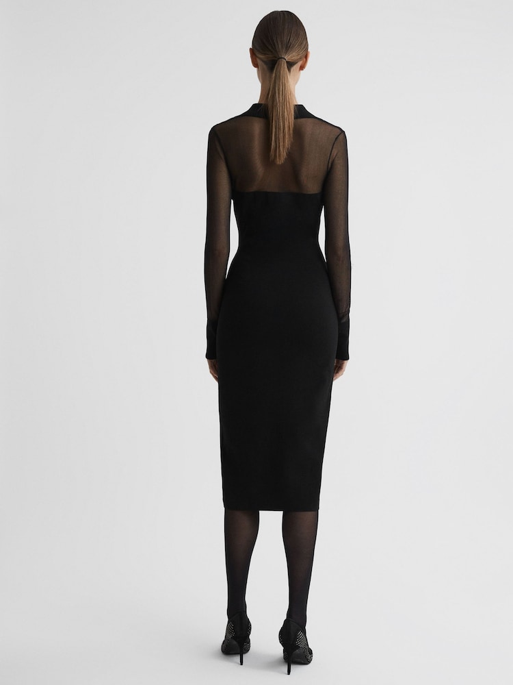 Reiss Black Nala Sheer Knitted Button-Through Midi Dress - Image 5 of 5