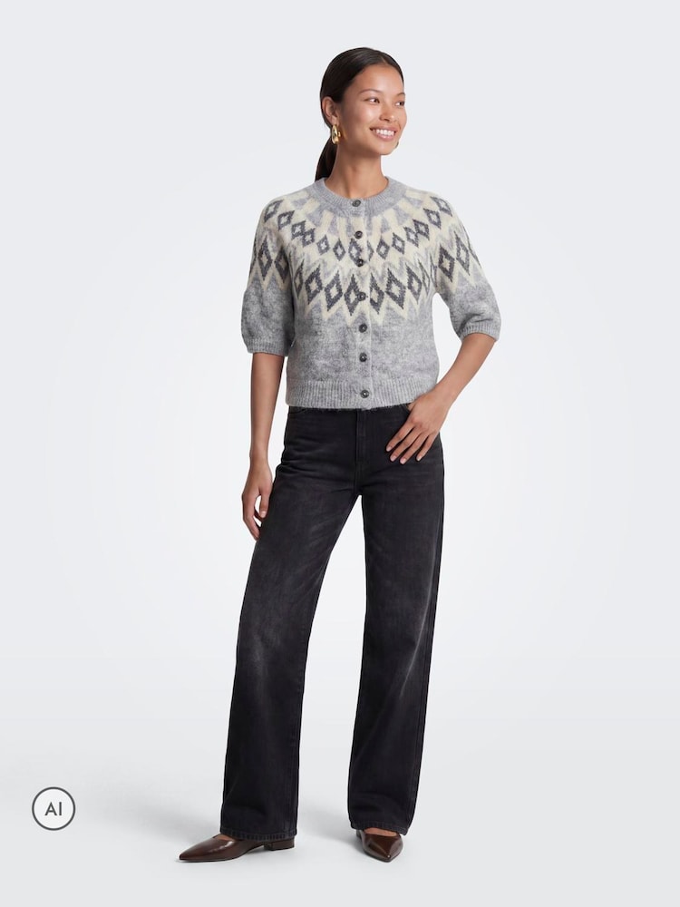 ONLY Grey Fair Isle Short Sleeve Cardigan - Image 2 of 7 ONLY Grey Fair Isle Short Sleeve Cardigan - Image 2 of 7