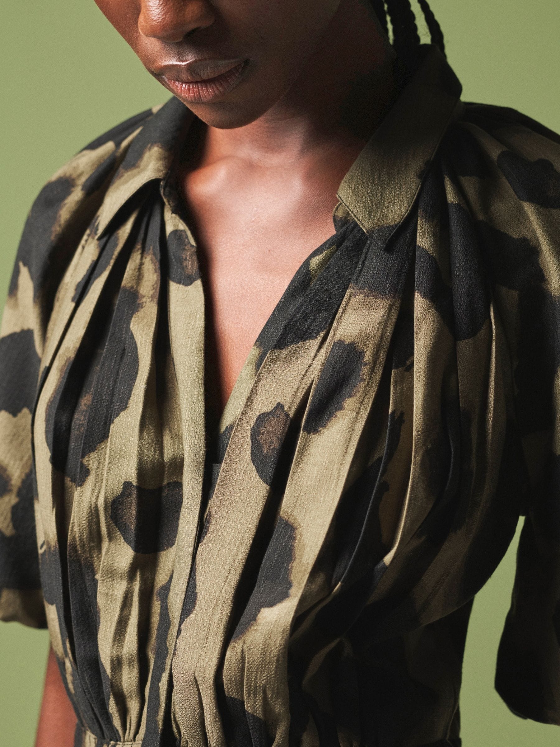 Buy Khaki Green Animal Print Puff Sleeve Midi Dress from
