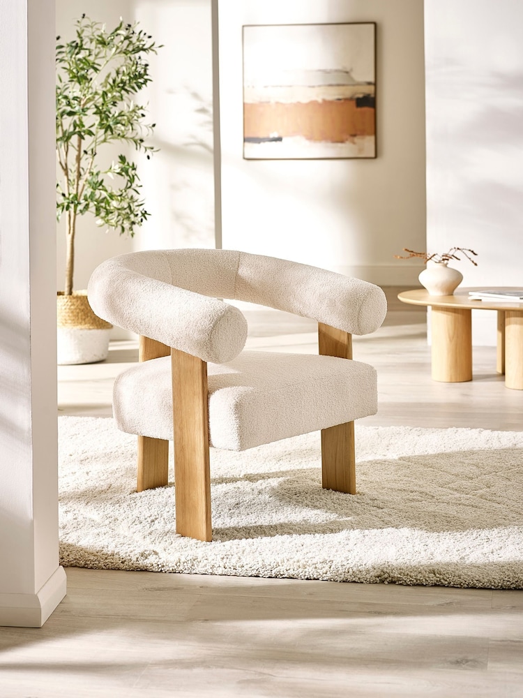Julian Bowen White Freya Boucle Upholstered Accent Chair with Solid Wood Legs - Image 1 of 9 Julian Bowen White Freya Boucle Upholstered Accent Chair with Solid Wood Legs - Image 1 of 9