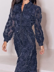 Lipsy Navy Petite Long Sleeve Floral 3D Texture Fit And Flare Shirt Dress - Image 2 of 5