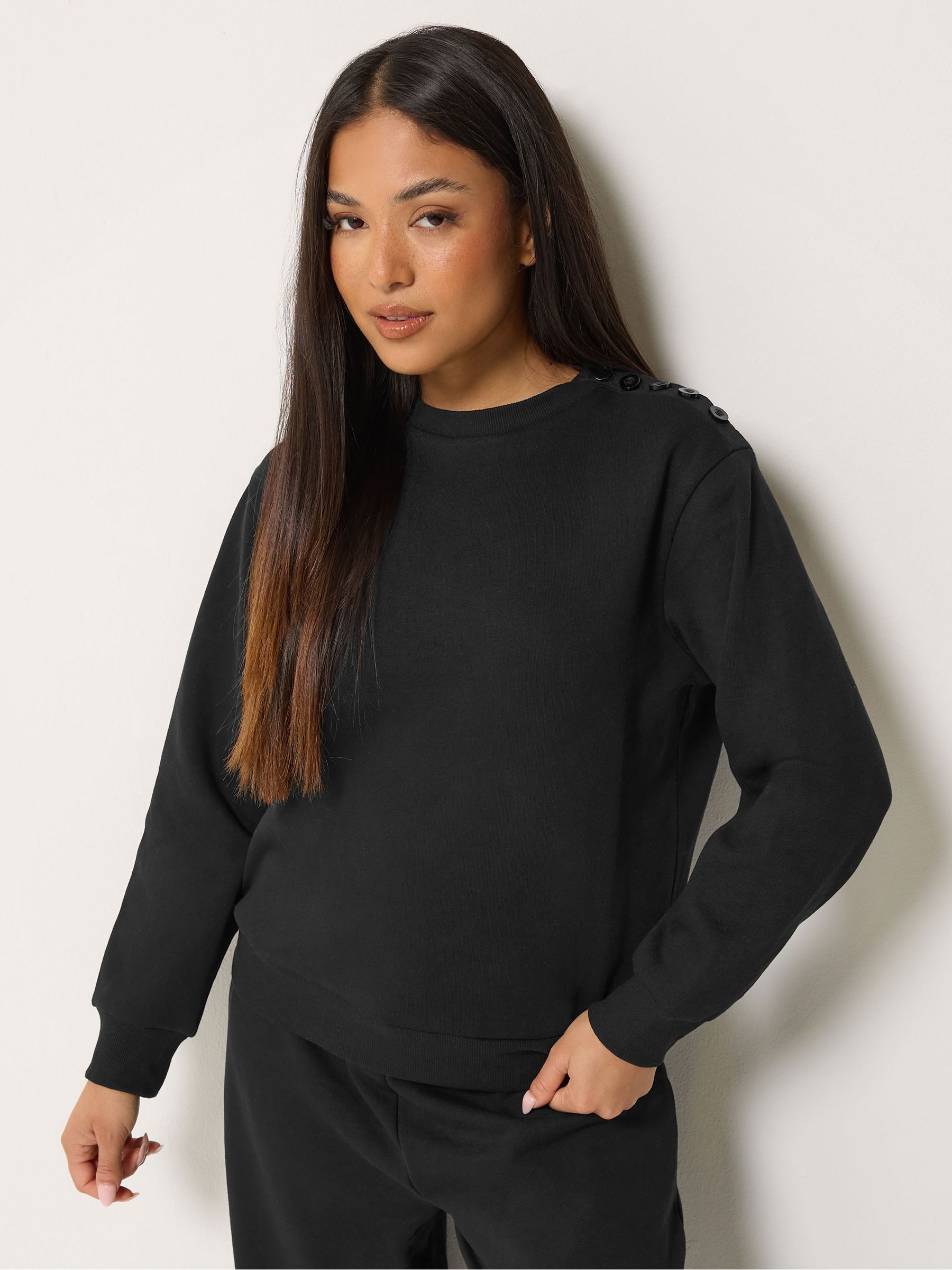 M & Co Women's Black Petite Button Detail Sweatshirt