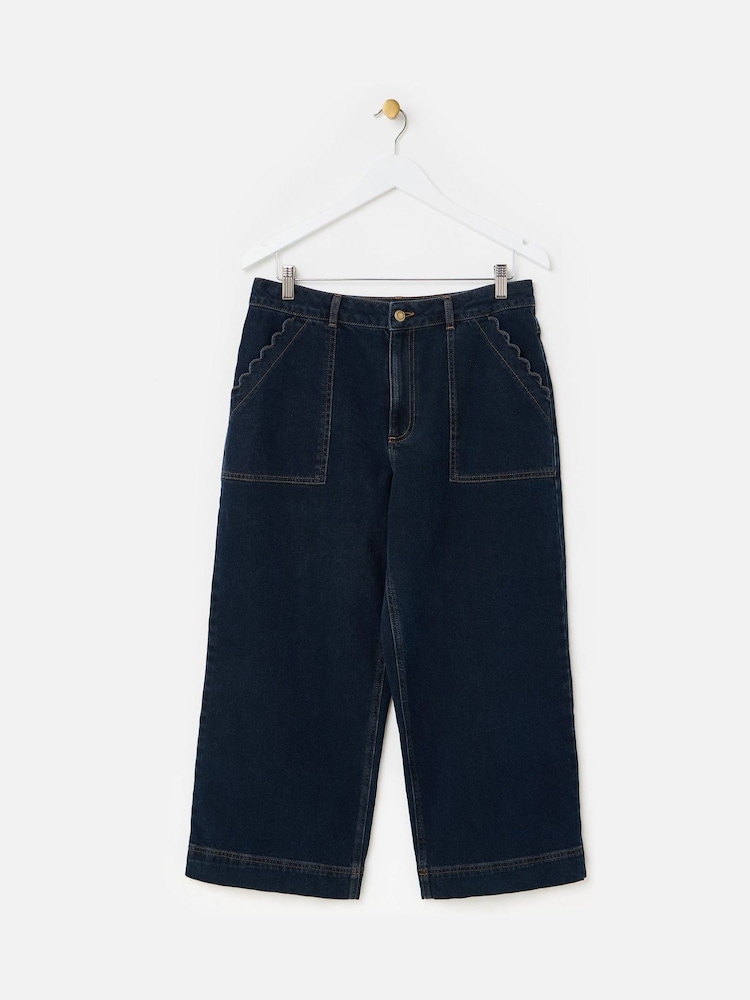 Oliver Bonas Blue Denim Scalloped Pocket Cropped Wide Leg Jeans - Image 1 of 5 Oliver Bonas Blue Denim Scalloped Pocket Cropped Wide Leg Jeans - Image 1 of 5