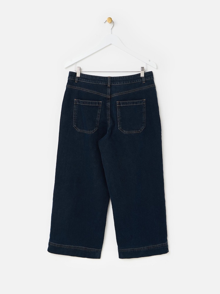 Oliver Bonas Blue Denim Scalloped Pocket Cropped Wide Leg Jeans - Image 2 of 5 Oliver Bonas Blue Denim Scalloped Pocket Cropped Wide Leg Jeans - Image 2 of 5