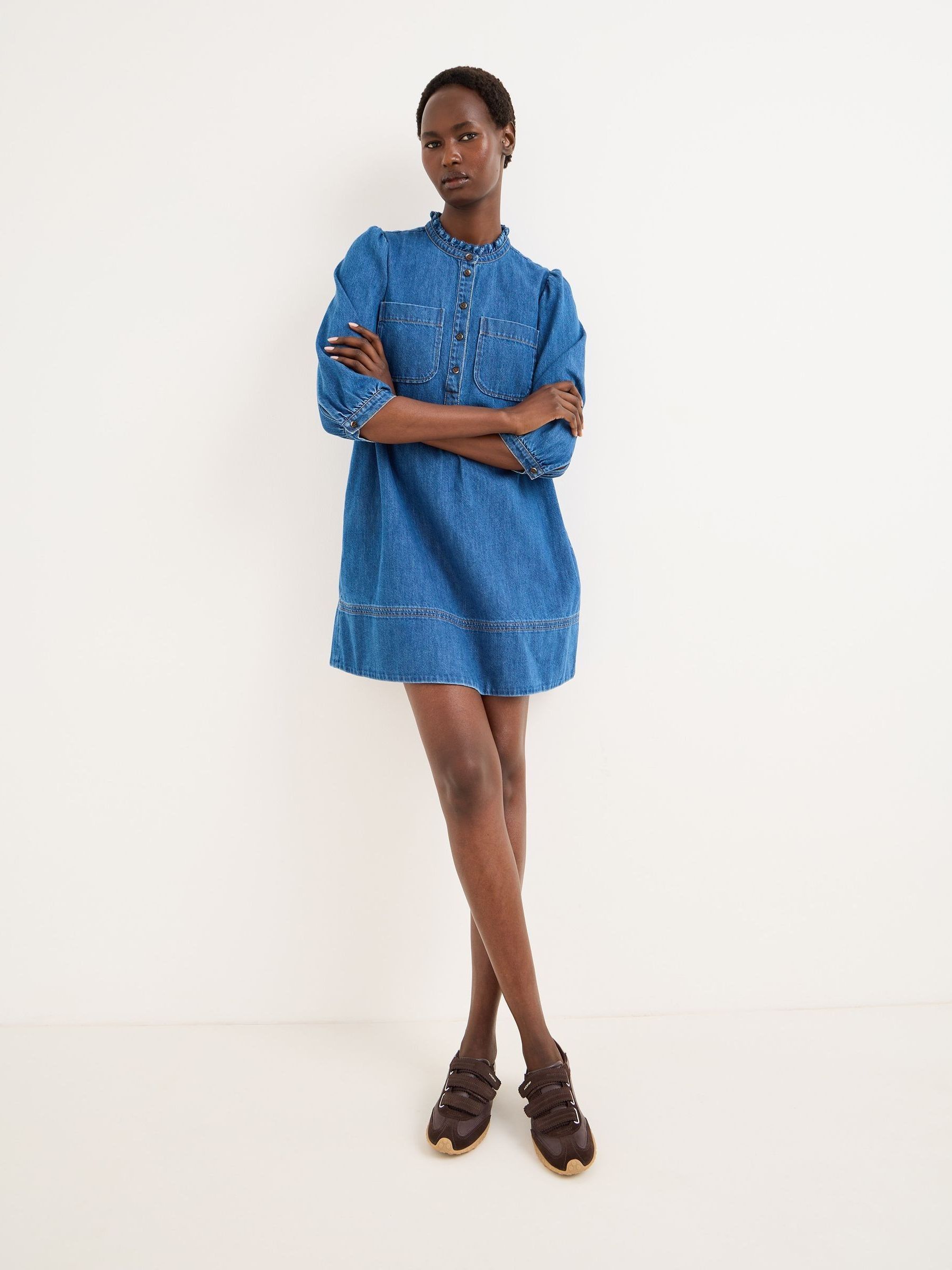 Buy Oliver Bonas Blue Frill Neck Denim Mini Dress from Next USA