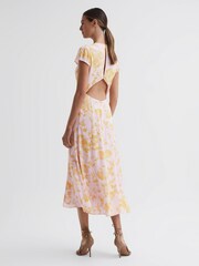 Reiss Pink/Yellow Livia Petite Floral Cut-Out Back Midi Dress - Image 1 of 6