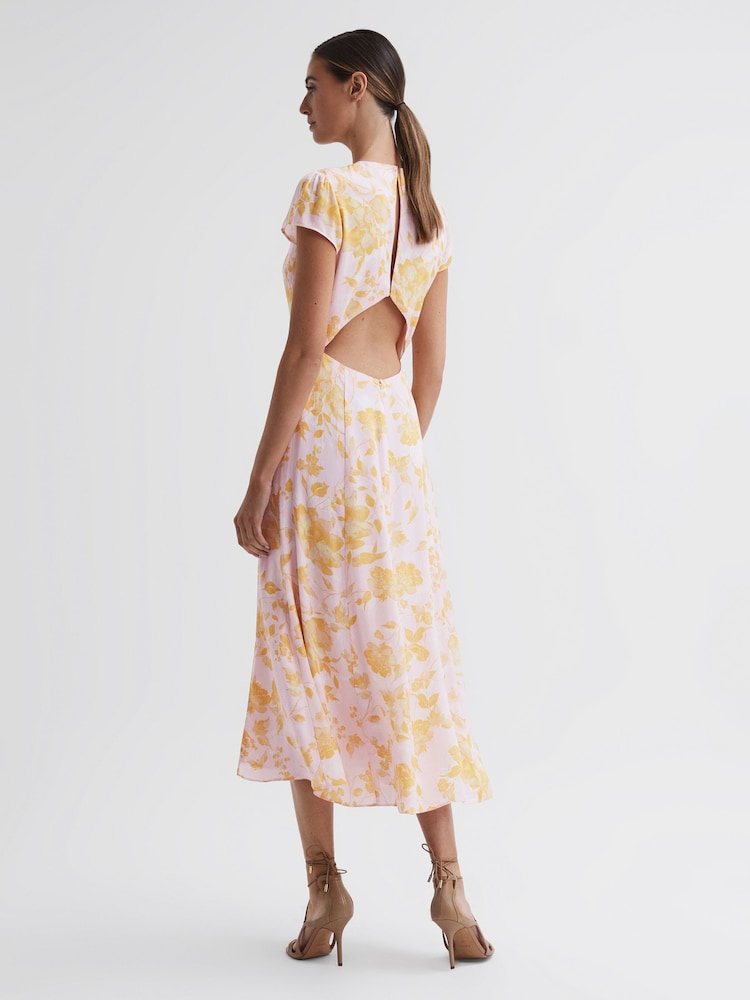Reiss Pink/Yellow Livia Petite Floral Cut-Out Back Midi Dress - Image 1 of 6