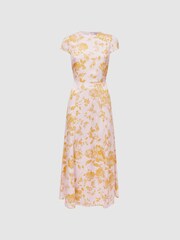 Reiss Pink/Yellow Livia Petite Floral Cut-Out Back Midi Dress - Image 2 of 6