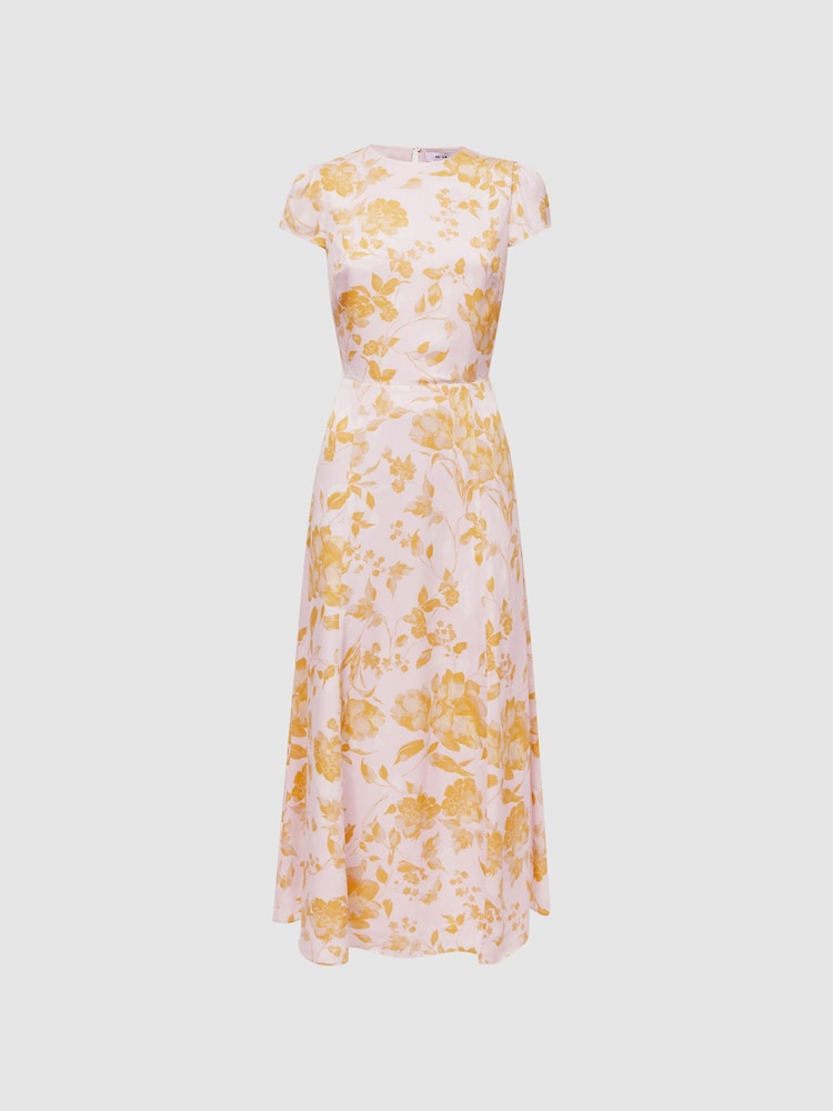 Reiss Pink/Yellow Livia Petite Floral Cut-Out Back Midi Dress - Image 2 of 6