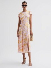 Reiss Pink/Yellow Livia Petite Floral Cut-Out Back Midi Dress - Image 3 of 6