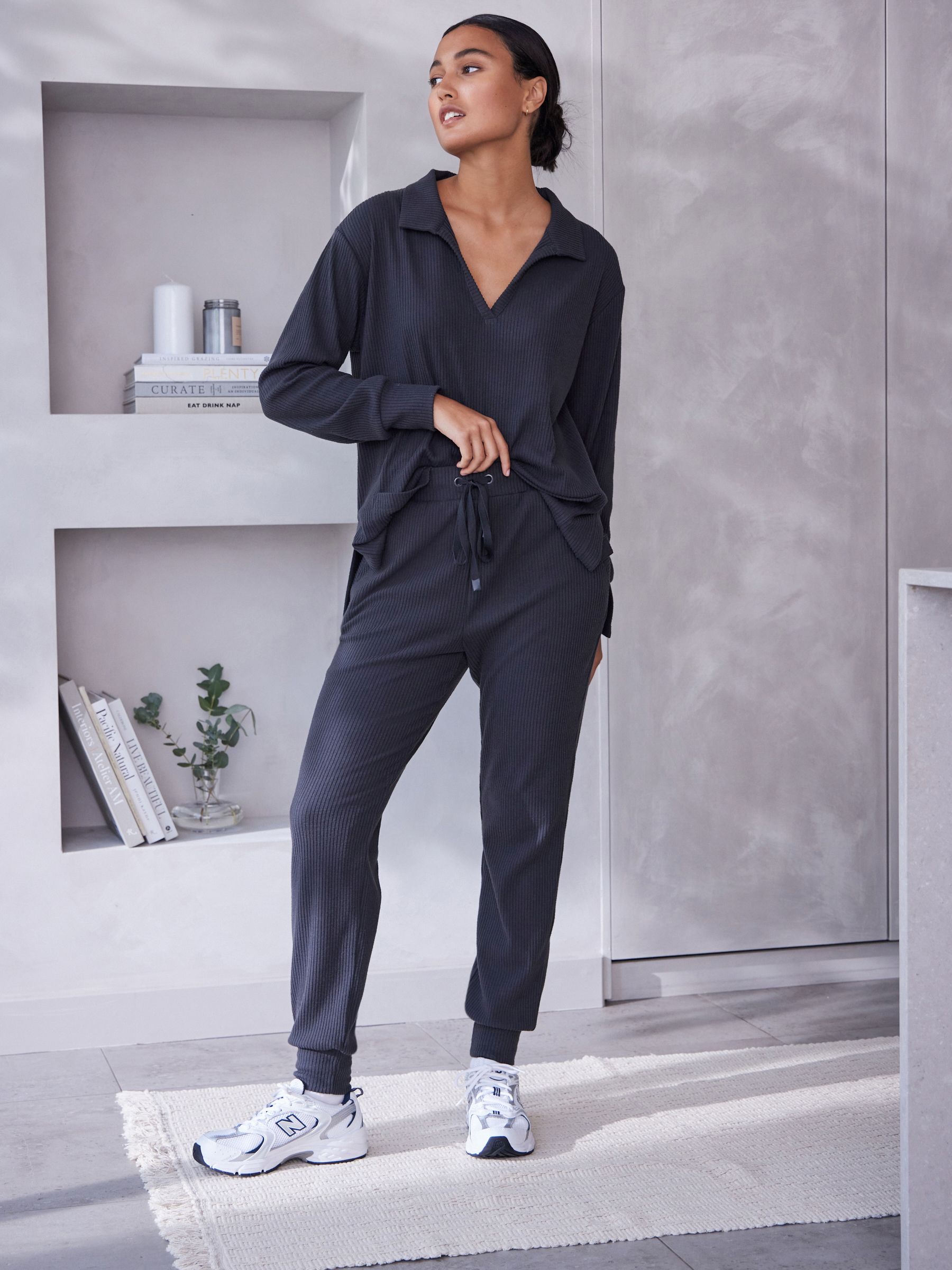 Grey ribbed joggers on sale
